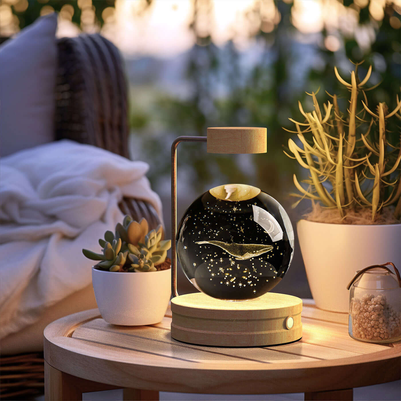 Crystal ball cosmic dinosaur night light on a wooden table, creating a warm ambiance with plants and cozy decor.
