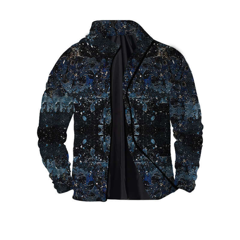 Men's 3D digital print twill jacket in dark blue and black, featuring a stylish zipper and solid design.