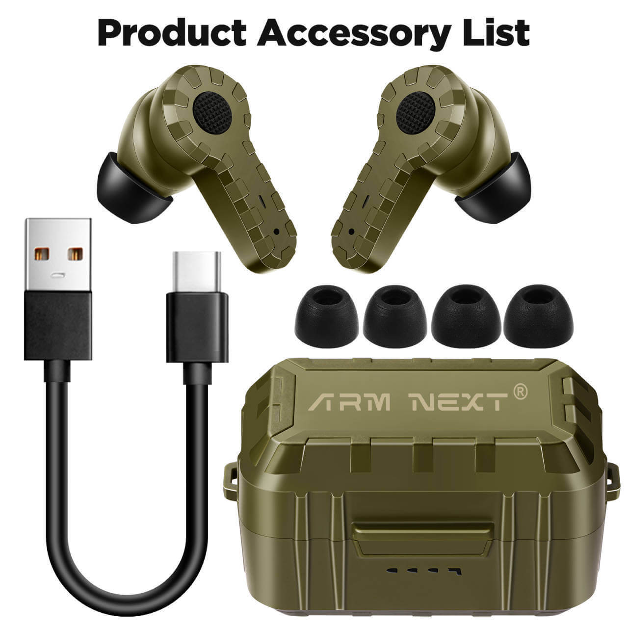 Tactical noise reduction headset accessories including charging case, USB cable, and earplugs in green color.