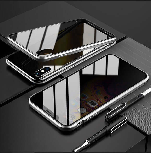 Anti-peep magnetic phone case with tempered glass, compatible with iPhone, showcasing flip over style design.