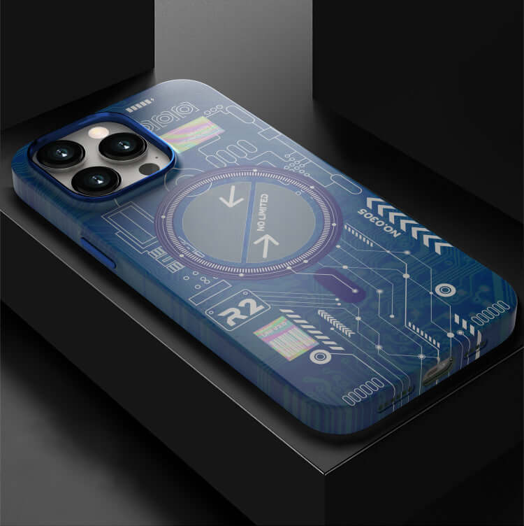 Back cover luminous magnetic phone case with a blue circuit design for iPhone models.