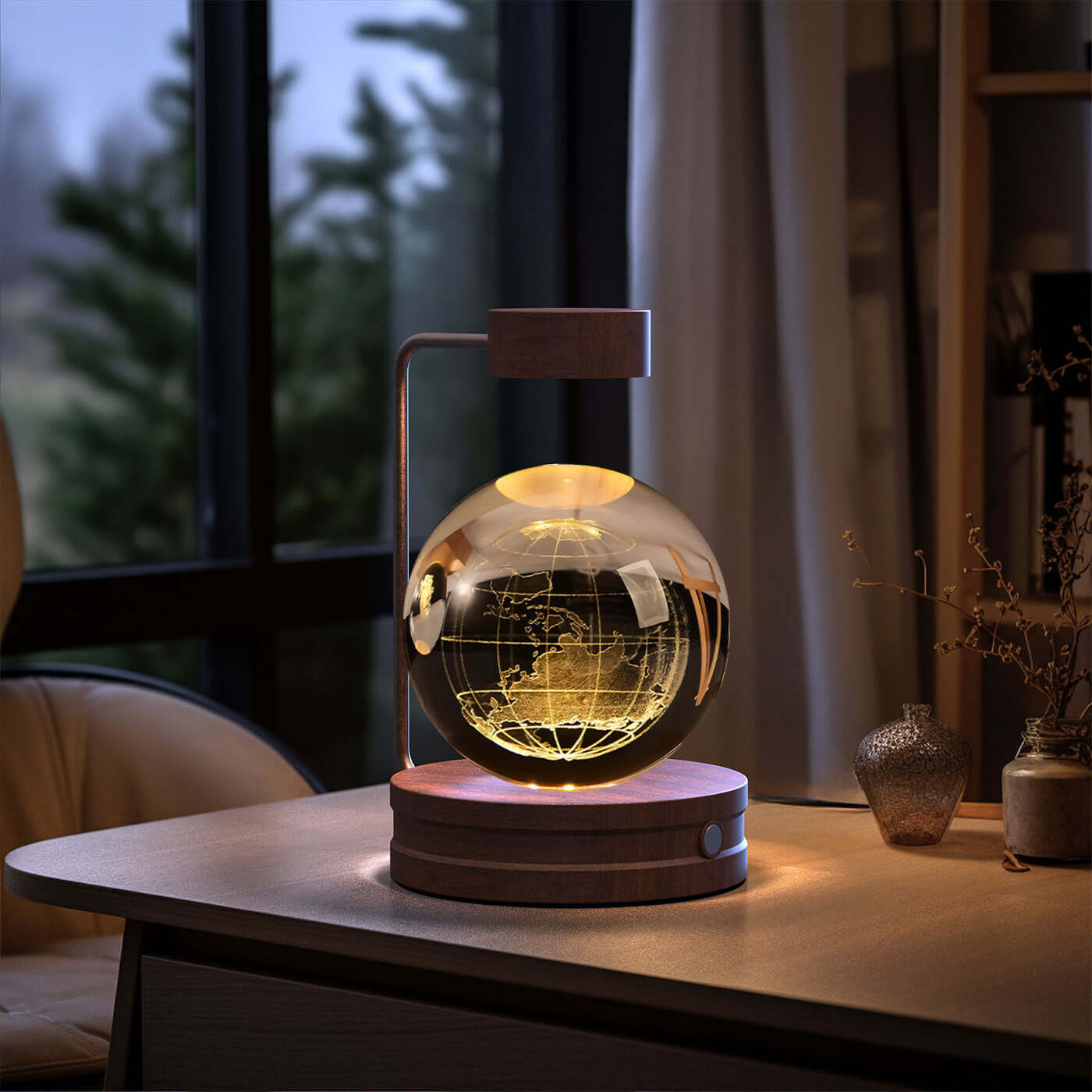 Crystal ball cosmic dinosaur night light on a desk, creating a warm ambiance in a cozy room.