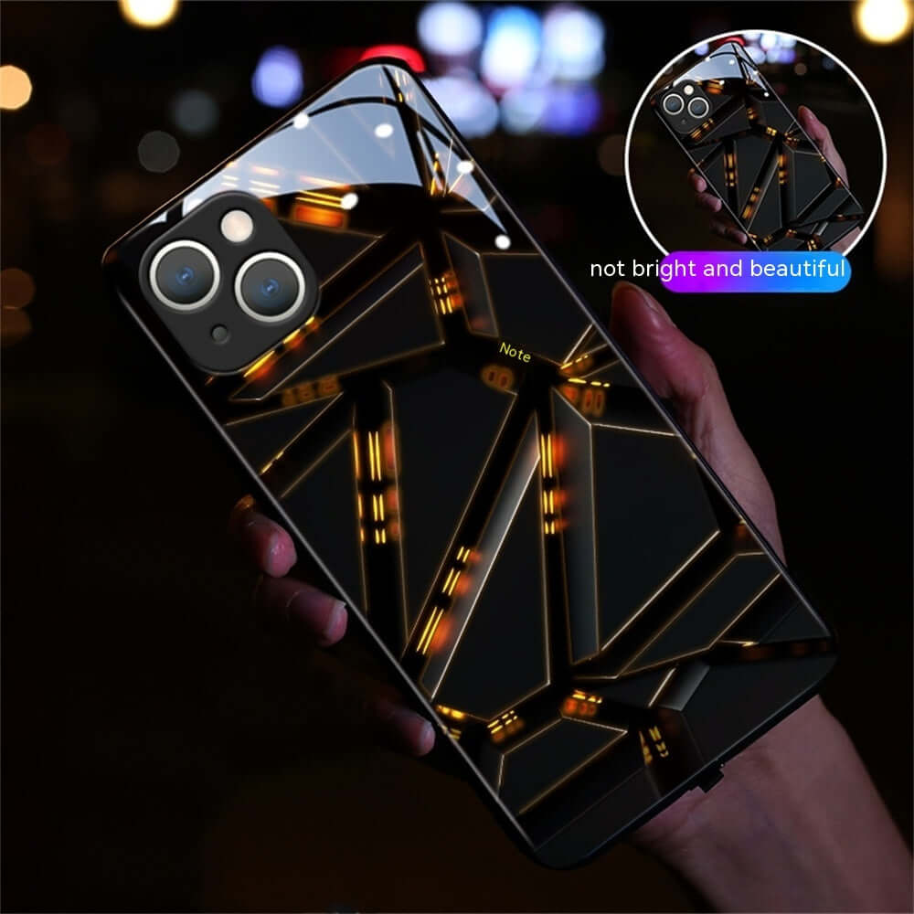 Stylish phone case featuring light-emitting design, anti-fingerprint glass, suitable for Apple devices.