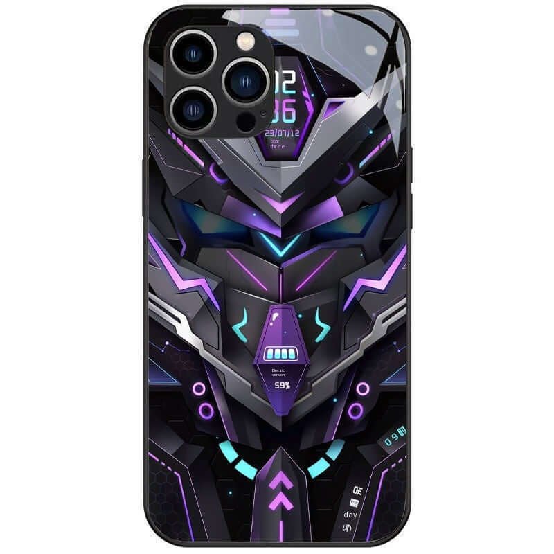 Cartoon-style phone case with anti-fingerprint glass, featuring a colorful robot design, compatible with Apple models.