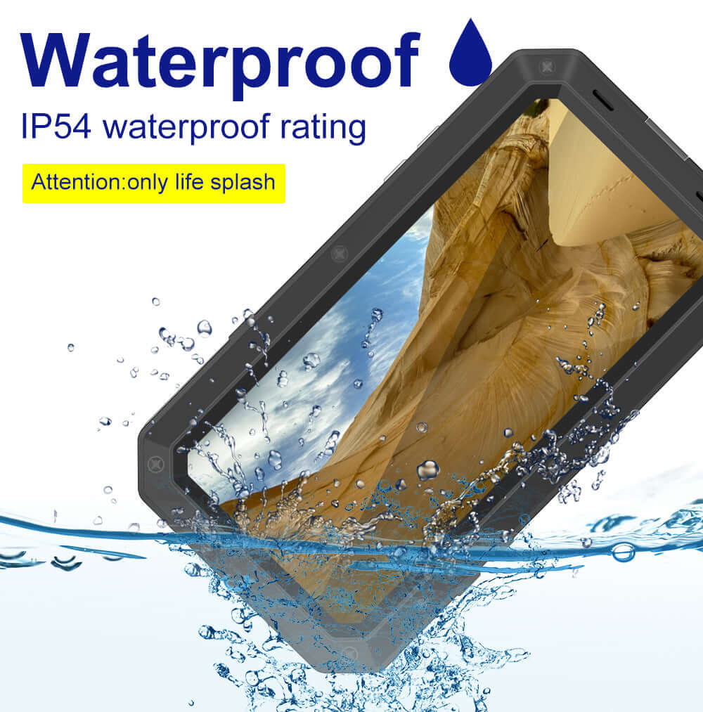 Waterproof phone case with IP54 rating, showcasing protection from splashes and water exposure.