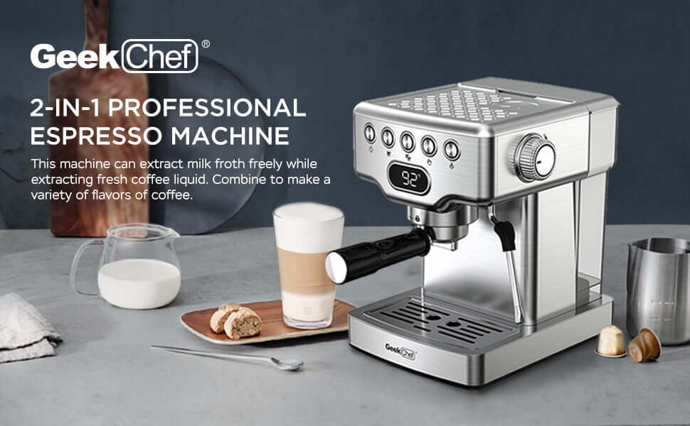 Geek Chef 2-in-1 professional espresso machine, perfect for making lattes and cappuccinos with milk frother.