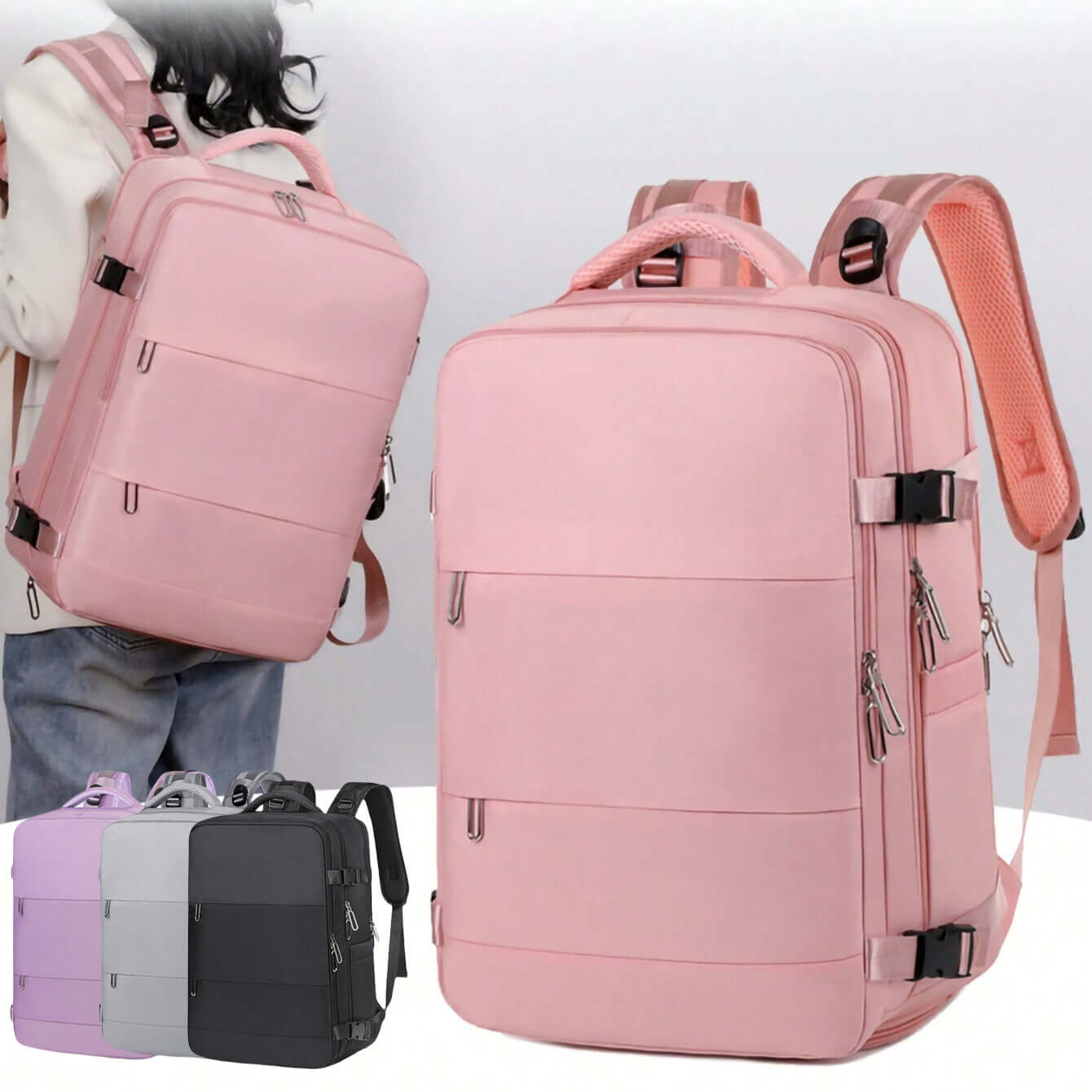Stylish large-capacity women's travel backpack in pink with multiple compartments, ideal for college and business use.