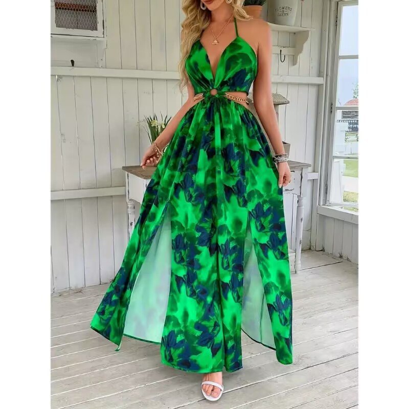 Elegant Womens Floral Print Halter V - neck Backless Side - Slit Dress Cut Out Waist Chain Sleeveless High Side Split Fit Flare Maxi Long Dresses - DBMP (Electronics And More Store)