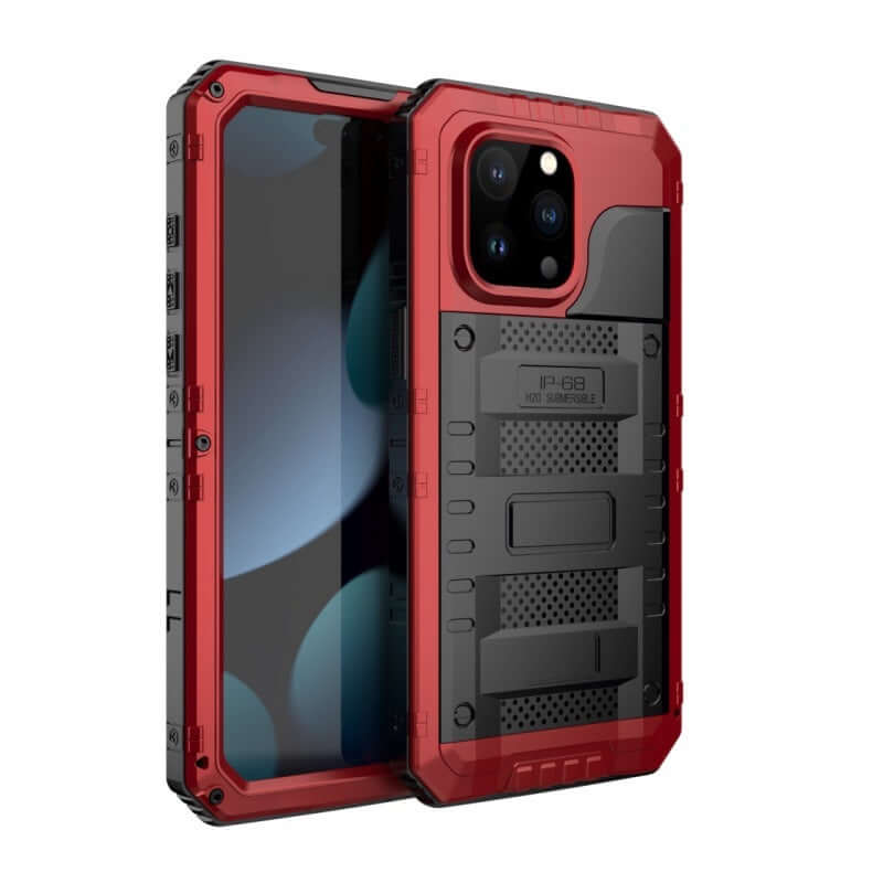 Red outdoor sports metal mobile phone protective cover, shockproof and anti-wear, compatible with iPhone.