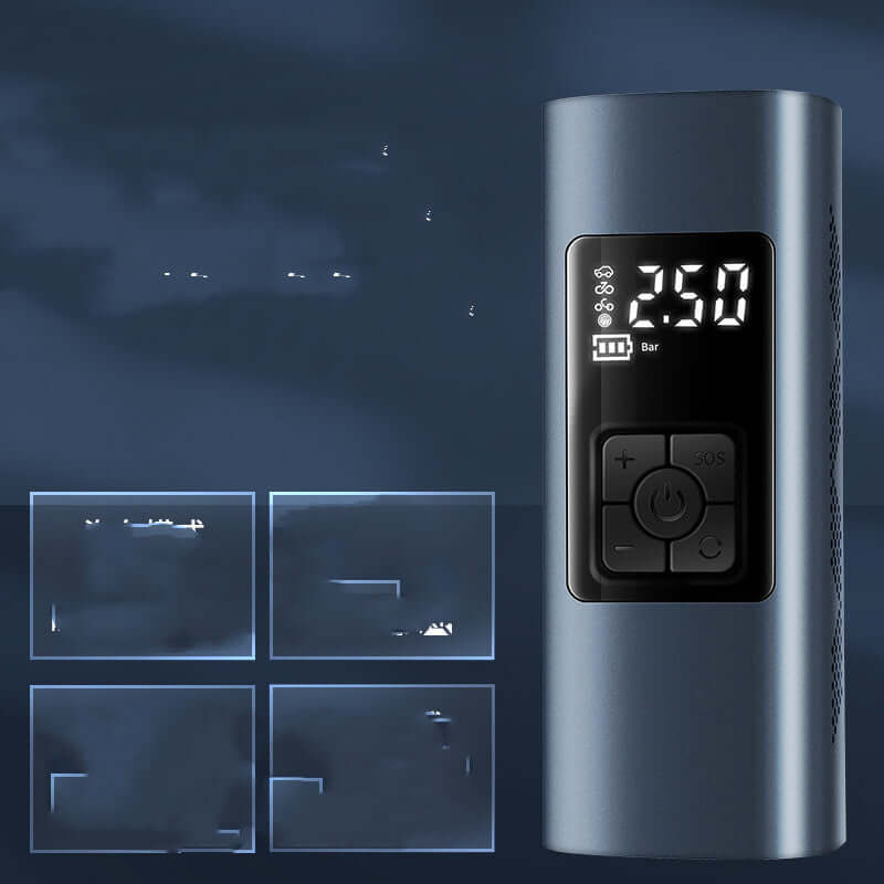 Wireless portable electric car air pump with digital display and control buttons for inflation.