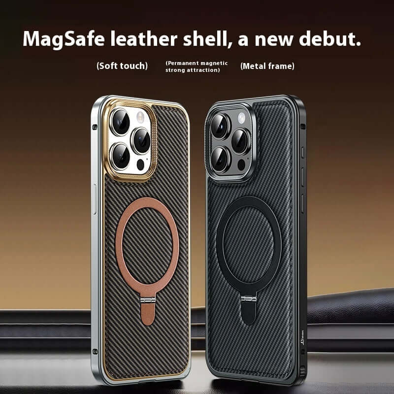 MagSafe leather shell phone cases featuring soft touch and metal frame, in black and brown carbon fiber patterns.