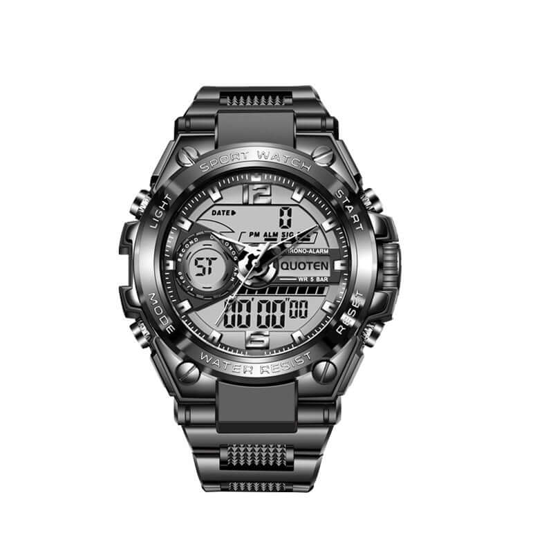Multi-functional waterproof sports electronic watch in black, featuring digital and analog display with robust design.