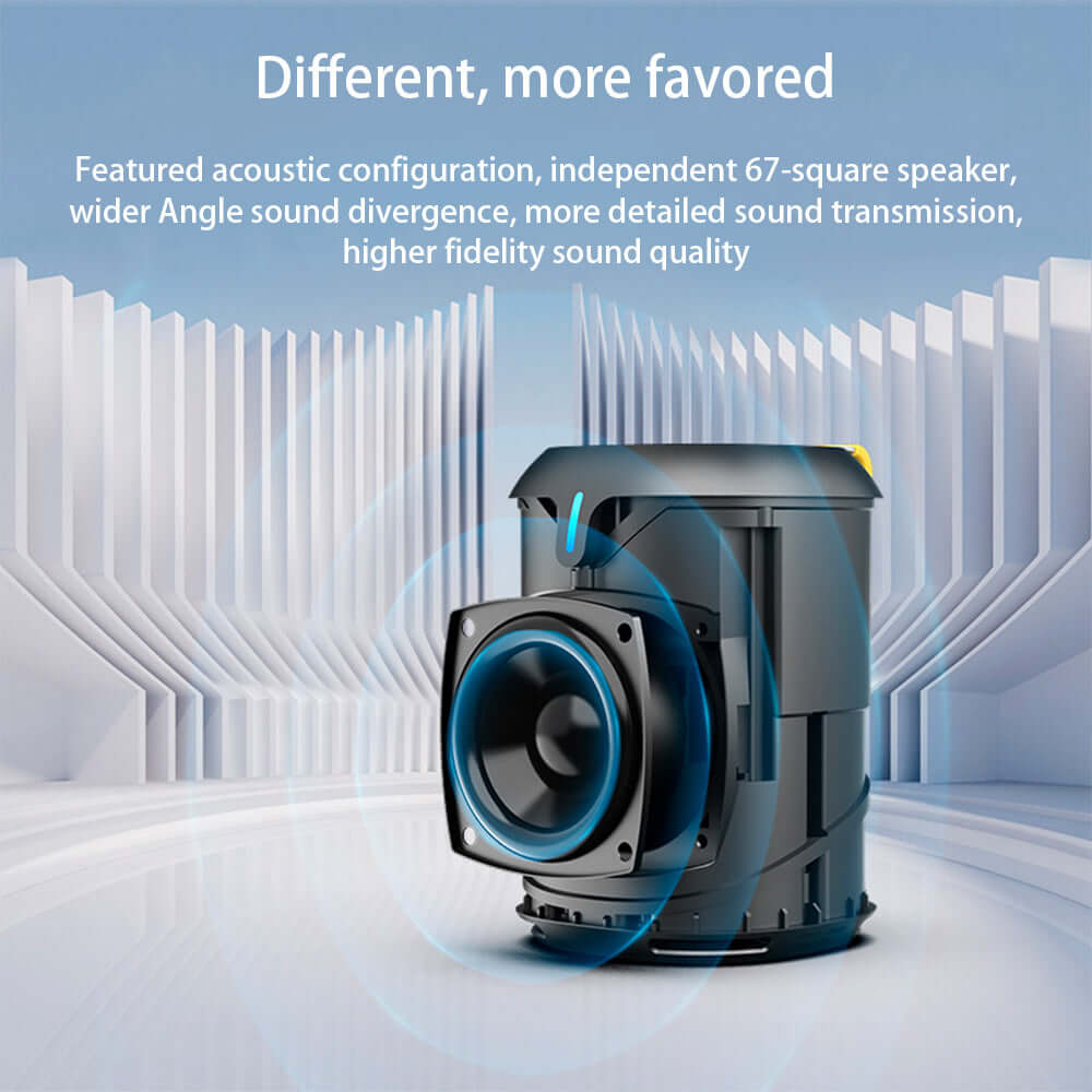 Portable Bluetooth speaker showcasing acoustic design for superior sound quality and wider angle transmission.