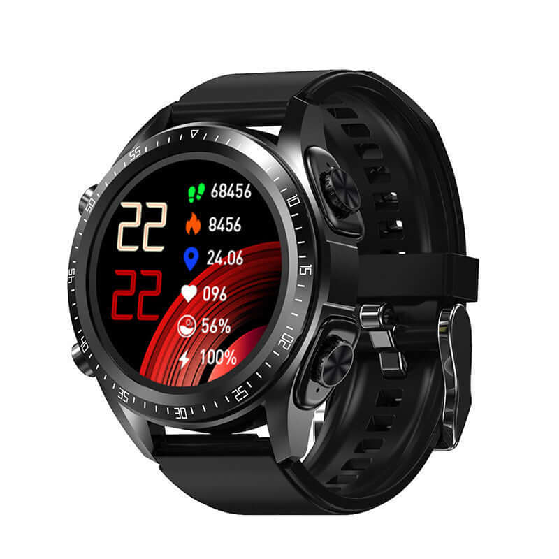 Smart watch with blood pressure and oxygen monitoring features, touch screen, and black silicone strap.