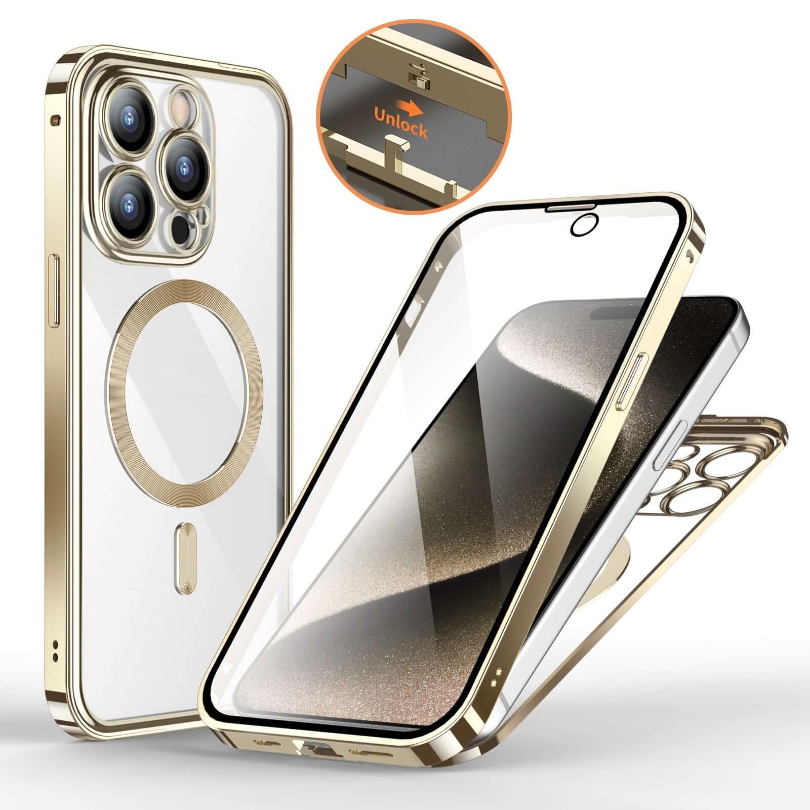 360° all-round protection phone case with magnetic buckle, double-sided lens, sleek gold finish for trendy users.