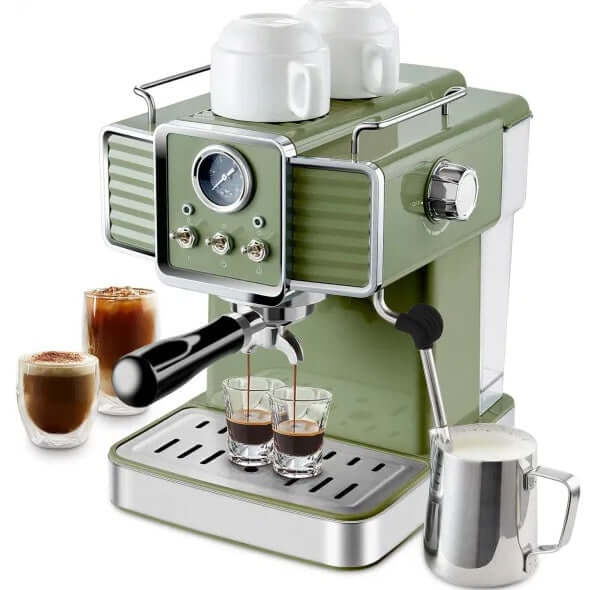 15 bar green espresso coffee machine with milk frother, brewing espresso and cappuccino at home, stylish vintage design.