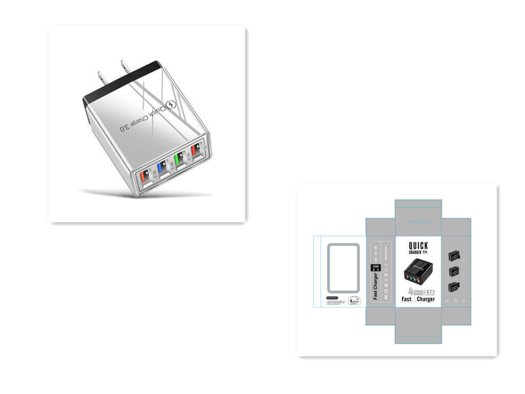 USB Charger Quick Charge 3.0 with 4 ports for fast charging of mobile devices, portable adapter for home and travel use.