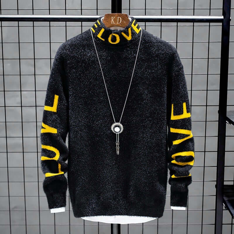 Men's high neck loose sweater in black with yellow 'LOVE' print, casual style, ideal for personalized fashion.