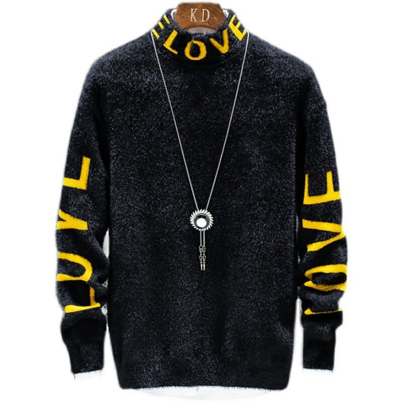 Men's high neck loose sweater in black with yellow printed 'LOVE', casual style, perfect for layering.