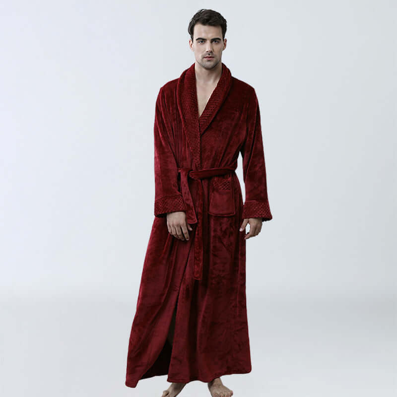 Men's thick maroon coral fleece nightgown with long sleeves, perfect for winter homewear and cozy sleep.
