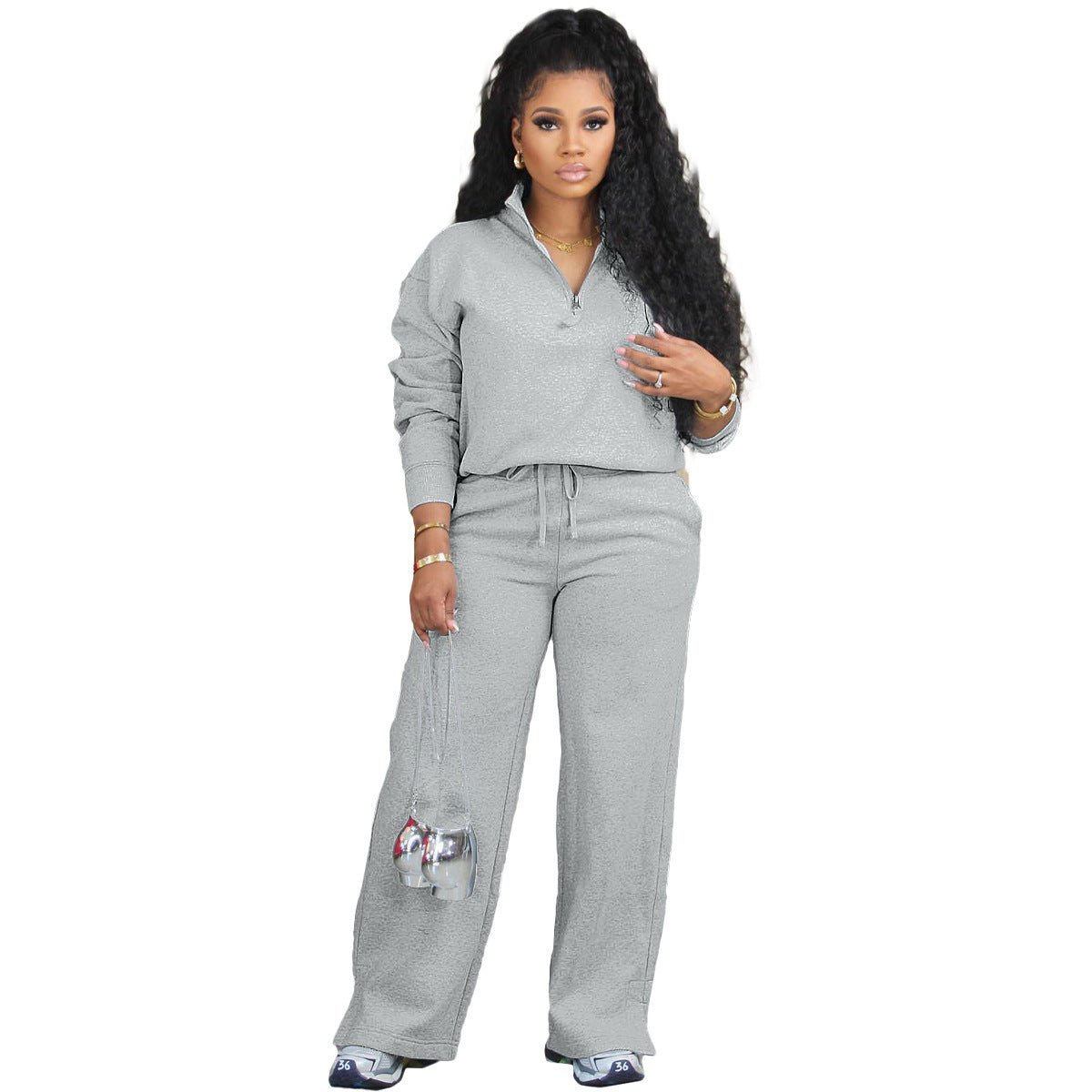 Solid Color Loose Zip Drawstring Pants Sports Two-piece Set - DBMP Shop