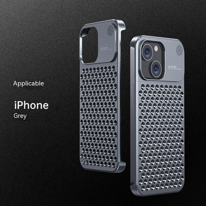 Aluminum alloy phone case for iPhone in grey, featuring hollow design for heat dissipation and anti-fall protection.