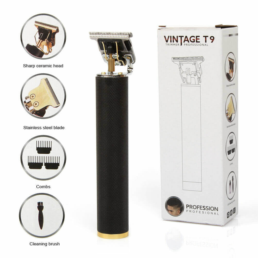 Vintage T9 professional hair trimmer with sharp ceramic head, stainless steel blade, and comb accessories.