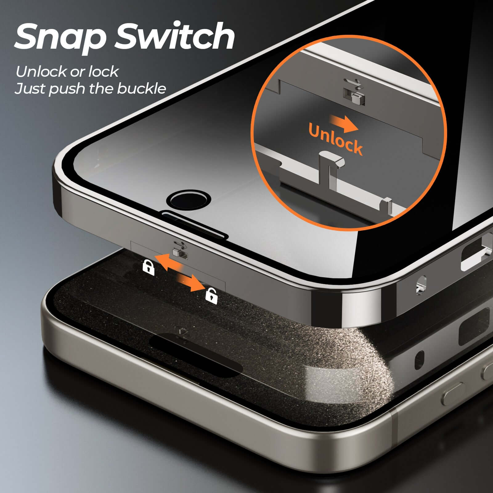 Snap switch feature for magnetic phone case, showing unlock and lock mechanism with easy push buckle design.