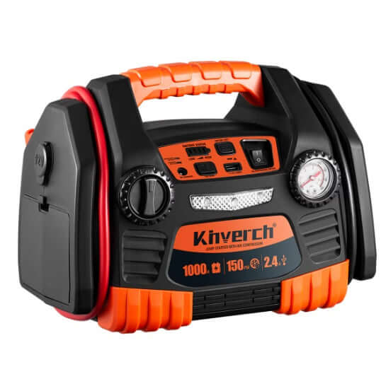 Portable battery jumper starter with air compressor, 1000 peak amps, and 150 PSI for emergency vehicle support.