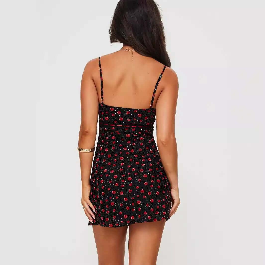V-neck suspender dress with red rose print, stylish mini dress for women, perfect for Y2K sweet street style.