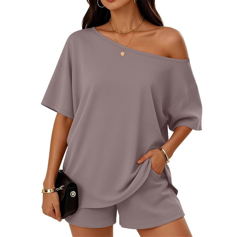 Womens 2 - piece Fashionable Casual Set Slant - Neck Top And Shorts For Loungewear Daily Wear Work Gym Outfit - DBMP Shop