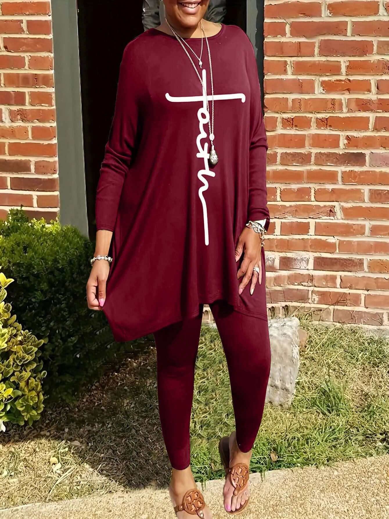 Round Neck Loose Long Sleeves Solid Color Printed Plus Size Women's Clothing Two - piece Set - DBMP (Electronics And More Store)