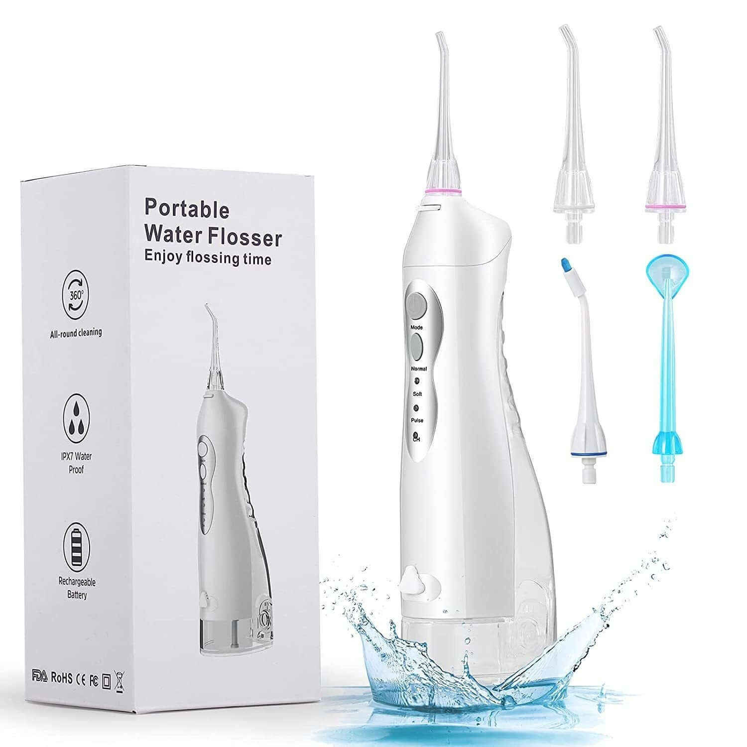 Portable white water flosser with interchangeable nozzles and splash effect, promoting effective dental care.