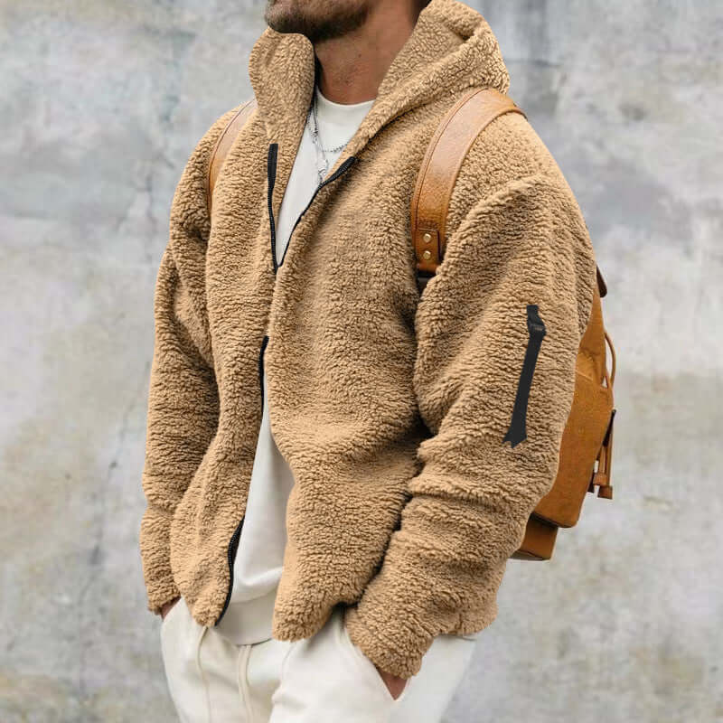 Men's beige plush hooded jacket with zipper, casual warm fleece coat for autumn and winter outdoor style.