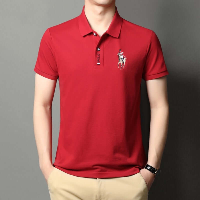 Men's short sleeve red lapel top featuring stylish embroidery, perfect for summer and spring wear.