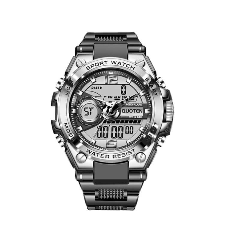 Waterproof sports electronic quartz watch in silver with multi-function display, suitable for all styles and outdoor activities.