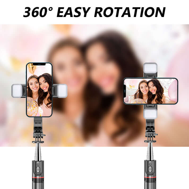 Bluetooth selfie stick tripod with 360° rotation, perfect for group selfies and capturing memorable moments.