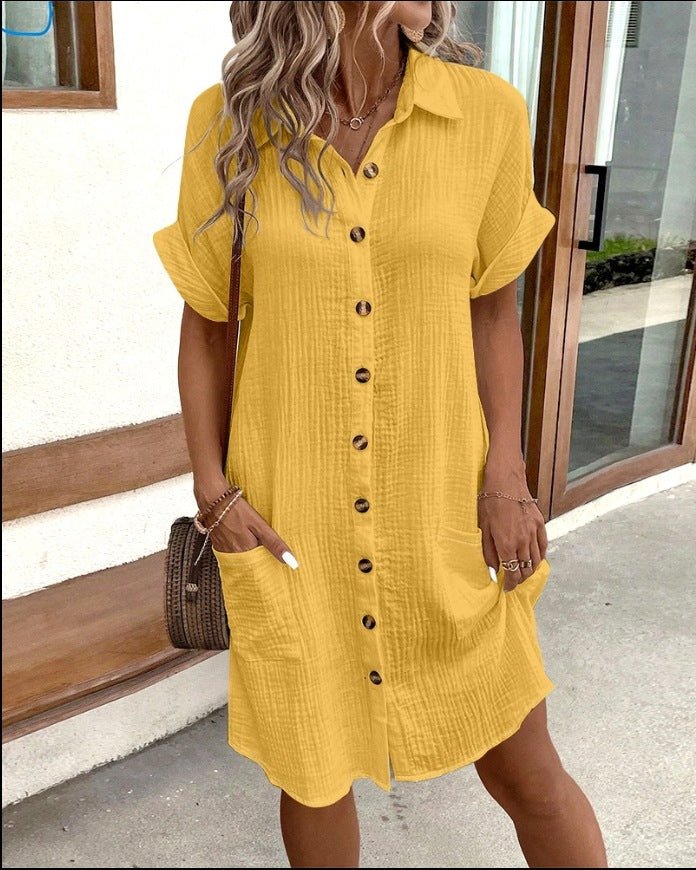 Summer Short Sleeve Shirt Dress Fashion Solid Color Single - breasted Mid - length Loose Dress - DBMP (Electronics And More Store)