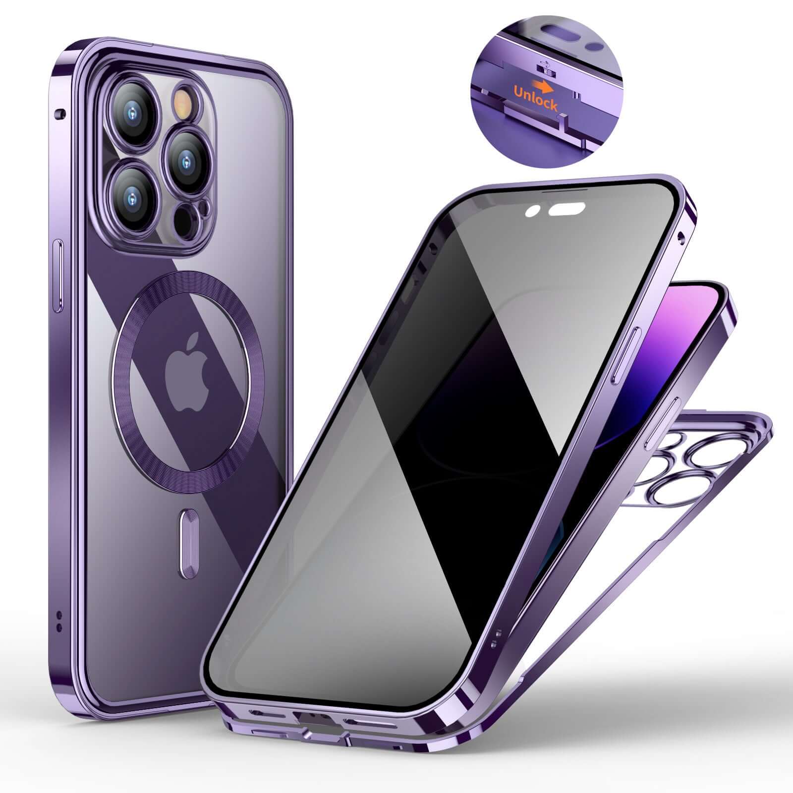 Anti-Privacy Metal Buckle Magnetic Support Phone Case in purple, offering 360° protection and sensitive touch access.