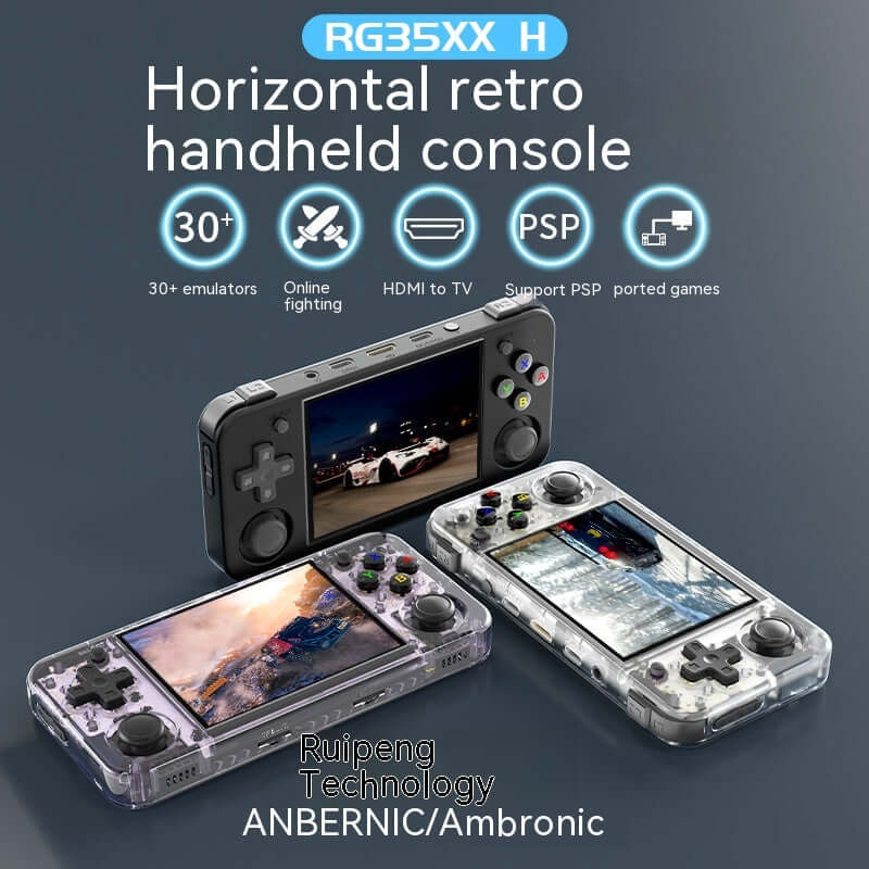 Handheld retro gaming console displaying games, featuring HDMI, online multiplayer, and 30+ emulators.