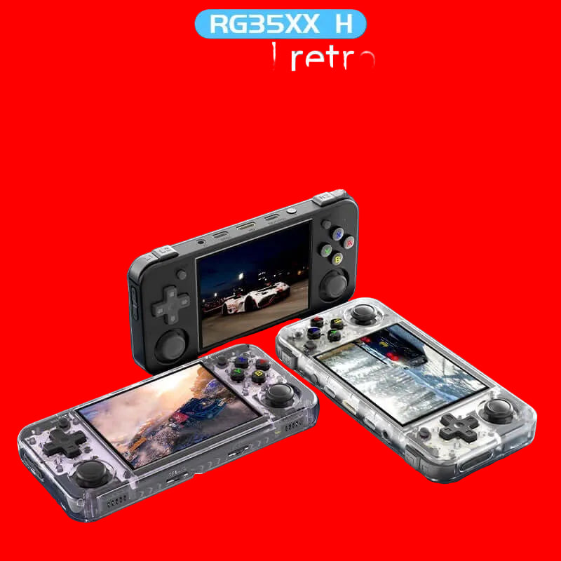 Handheld retro gaming console displaying games, featuring HDMI, online multiplayer, and 30+ emulators.