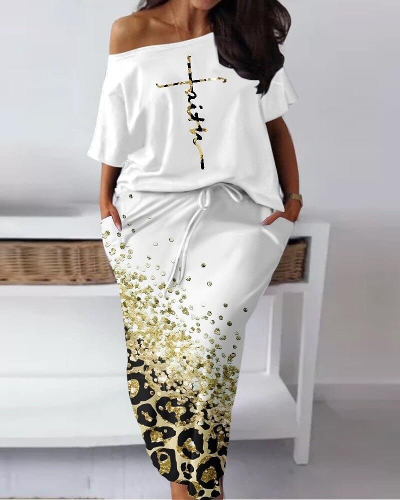Women's Baroque Leopard Print Diagonal Collar Drawstring Skirt Suit - DBMP (Electronics And More Store)