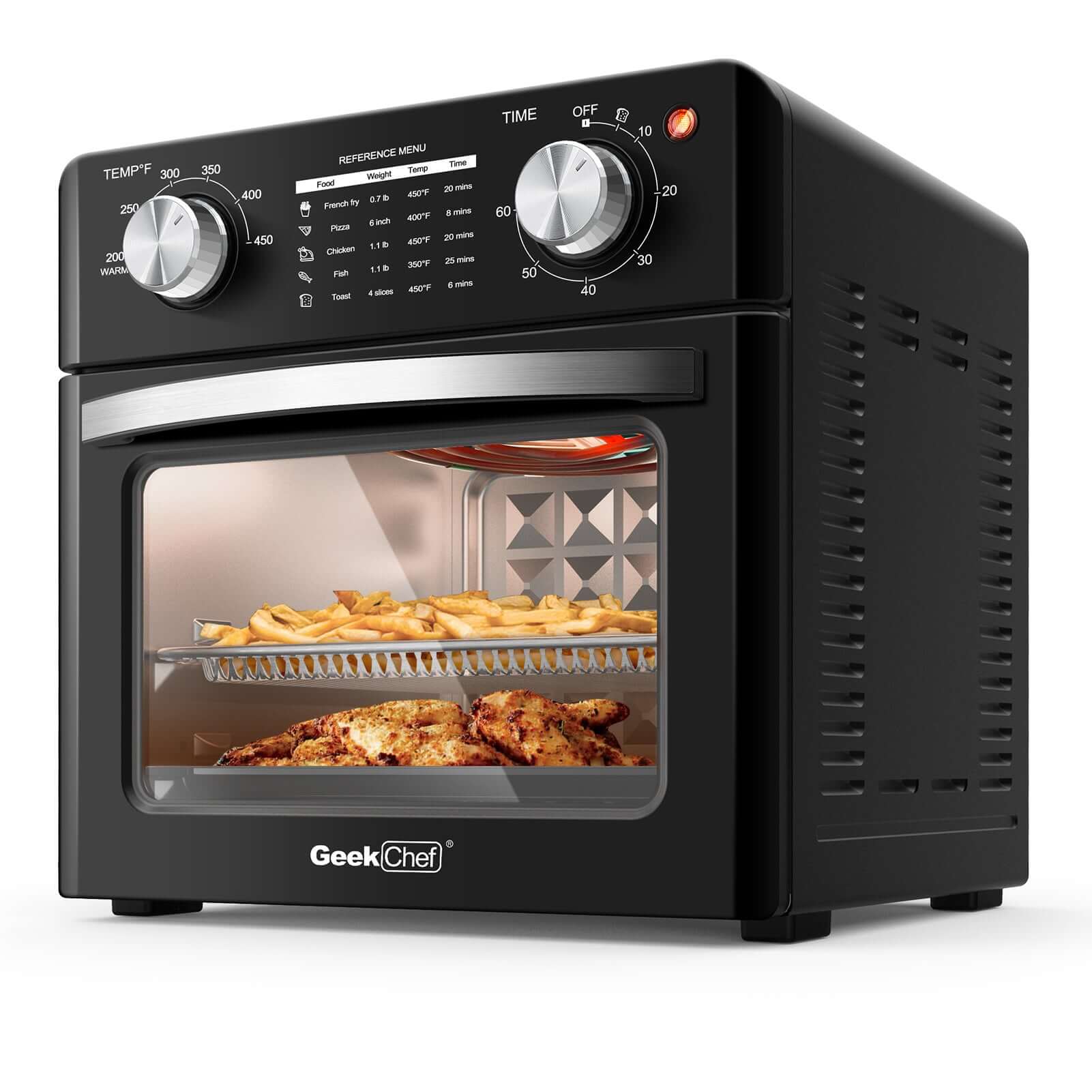 Geek Chef 10QT Air Fryer Oven with fries and chicken inside, compact design for countertop cooking, black stainless steel finish.
