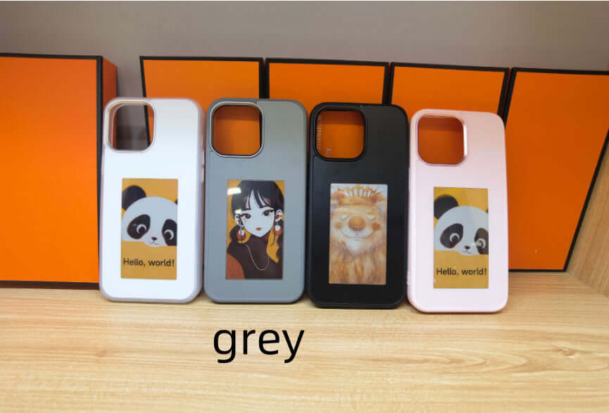 Four-color E-ink projection phone cases in white, gray, black, and pink displayed against an orange background.