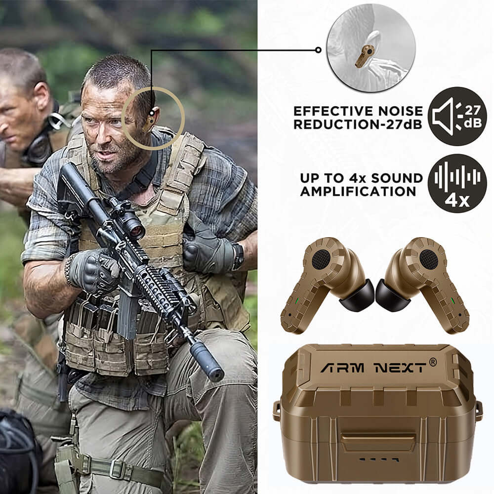 Tactical noise reduction headset worn by a soldier, showcasing effective -27dB noise reduction and 4x sound amplification.