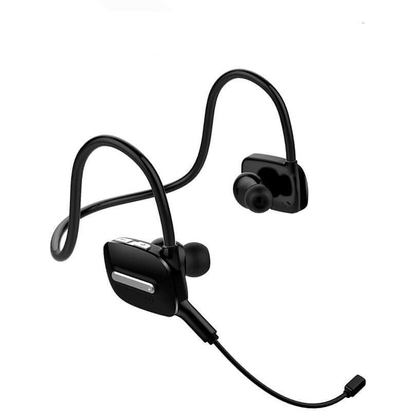 Black sports in-ear Bluetooth wireless headset with dual microphones and sleek design.
