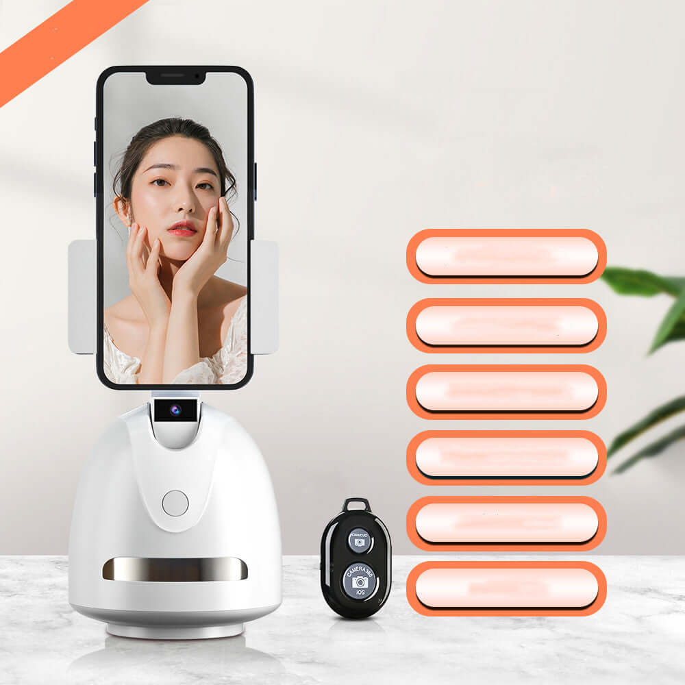 New automatic rotating camera with face tracking, remote control, and sleek pearl white design.