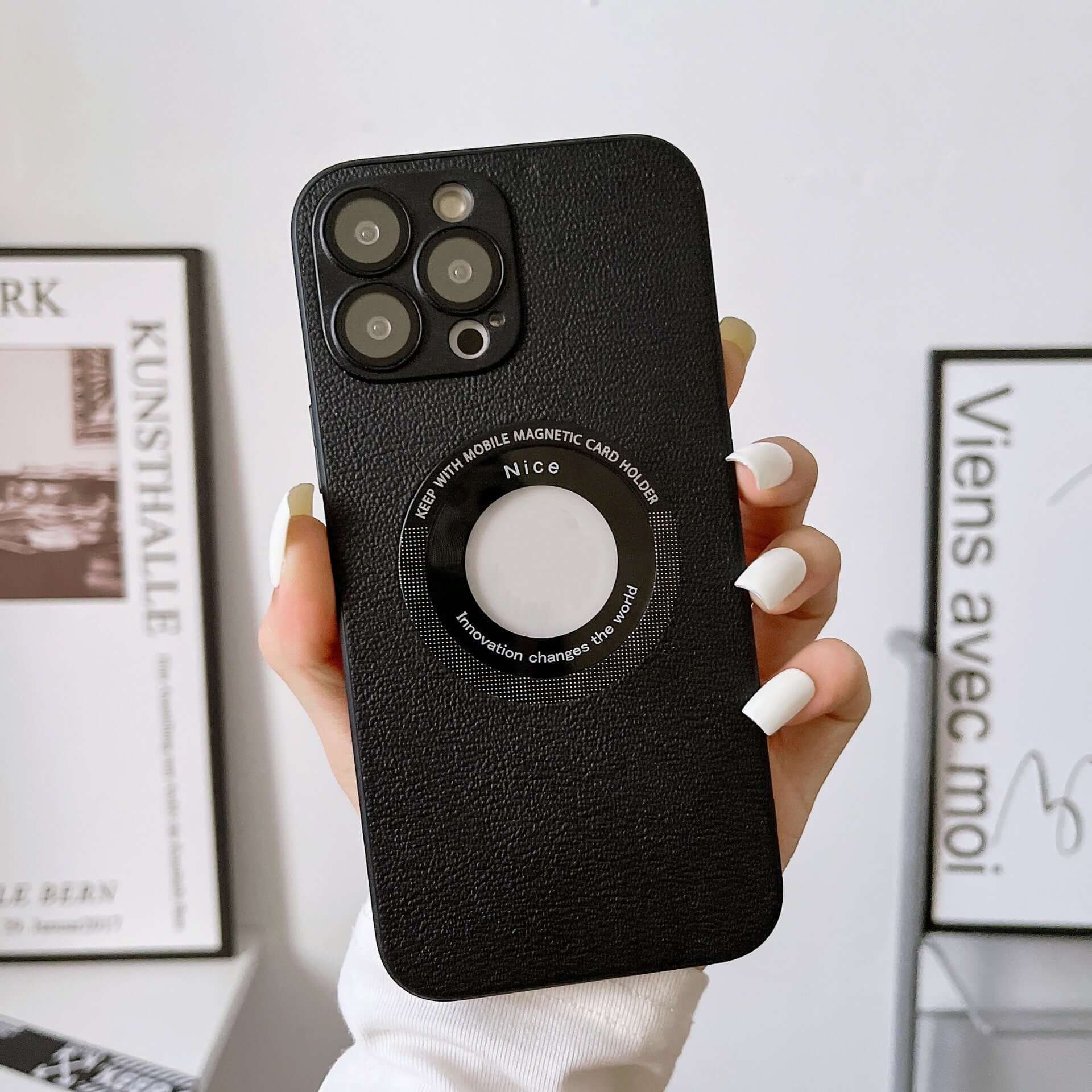 Black litchi grain leather phone case with magnetic card holder for iPhone 15 Pro, stylish and anti-fall.