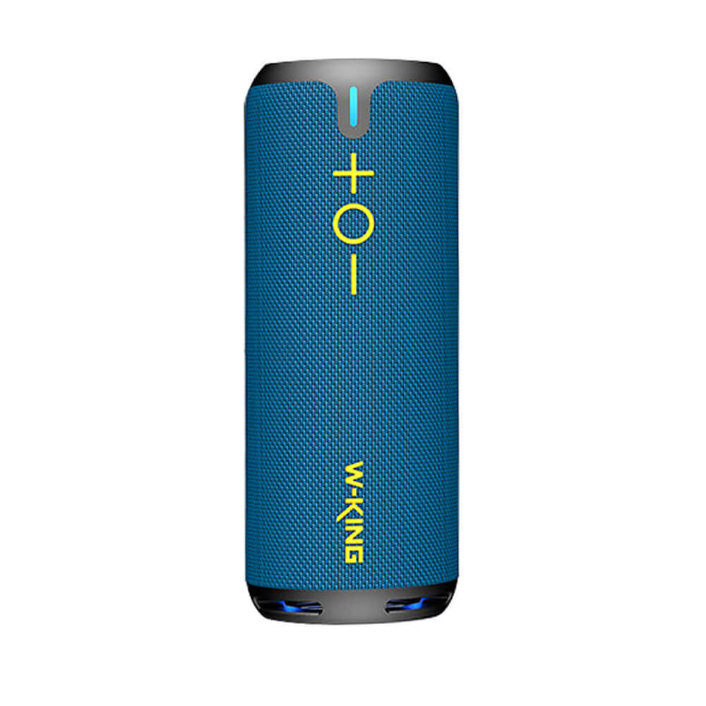 Wireless Bluetooth speaker in blue, waterproof and dust-proof design, portable with long battery life for outdoor adventures.