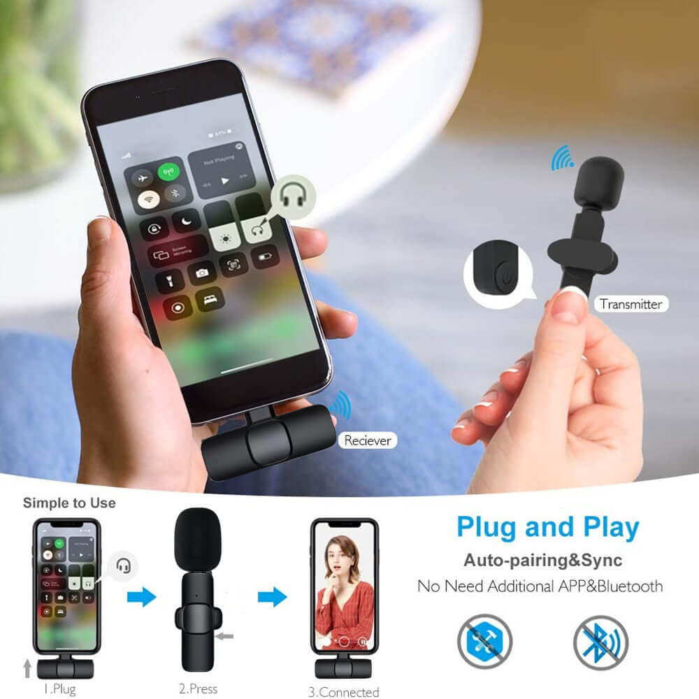 Wireless lavalier microphone plug-and-play setup with smartphone, showing transmitter and receiver for easy audio recording.
